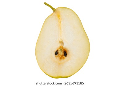 Vertical half of red-yellow pear with stem, front view, isolated on white background.
