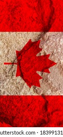 The Vertical Hanging Canadian Flag Icon On Weathered Pale Red Rock Wall Background, Positive Canada National Flag Symbol Pattern Texture Wallpaper