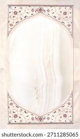 Vertical or horizontal background with frame with ancient tile decor on marble wall. Backdrop with border with floral ornament. Mock up frame template. Copy space for text