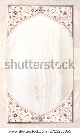 Vertical or horizontal background with frame with ancient tile decor on marble wall. Backdrop with border with floral ornament. Mock up frame template. Copy space for text
