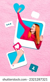 Vertical illustration collage of young blogging woman inside instagram frame popular account thumb up feedback isolated on pink background