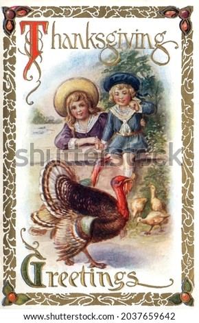 A vertical illustration of two children sitting at a fence watching a turkey on a vintage Thanksgiving theme postcard