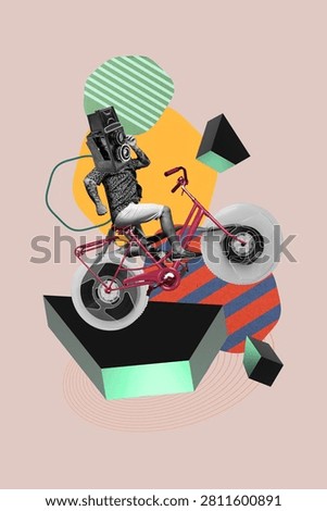 Vertical image art collage of anonym girl guy sit bicycle instead head retro camera film shooting cinema rarity paparazzi.