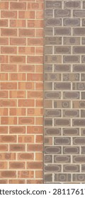Vertical Image Of A Close Up Front Facing View Of Two Different Colored Brick Masonry Walls Placed Directly Beside Each Other With Patches Of Unique Firing Patterns Made In Bricks