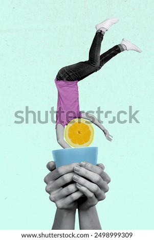 Vertical image collage cup drink lemon slice citrus fruit hold hands mug falling man headless body caricature surreal concept