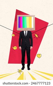 Vertical image collage young headless man formalwear tv set monitor screen influence mass media zombie drawing background