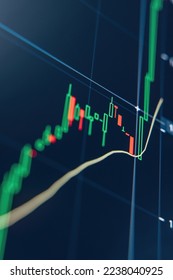 Vertical image of crypto trading stock market chart with technical price graph and indicator, green candlestick going up mixed with some red falling, helping to make analysis of up and downtrend - Shutterstock ID 2238040925
