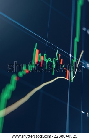 Vertical image of crypto trading stock market chart with technical price graph and indicator, green candlestick going up mixed with some red falling, helping to make analysis of up and downtrend