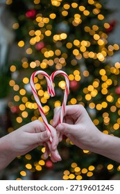 Vertical image of hands holding candy canes in a heart in front of a christmas tree lights with shallow depth of field so the lights are blurry and cozy. 