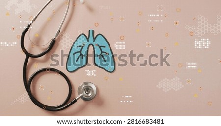 Vertical image: HUD elements appearing and moving over stethoscope, lungs, marking bronchi to scan. Medical, diagnostics, healthtech, digital, visualization, interface, futuristic