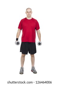 Vertical image of a man lifting two dumbbells over the white background