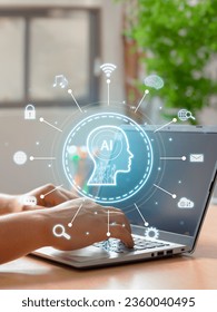 Vertical Image on Using of a laptop to interact with an artificial intelligence. Innovative automation technology.