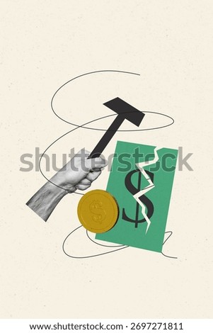 Vertical image trend collage of human hand hold hammer broke dollar capital bankruptcy problem regress loss economy collapse