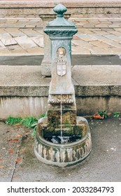 Vertical Image With Vedovelle - Typical Dark Green Cast-iron City Drinking Fountain With Dragon's Head In Milan, Public Water Supply And Drinking Water Safety Concept. Travel Tips