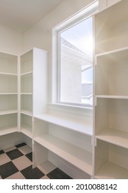 Vertical Interior Of An Empty Kitchen Pantry In A House With Window