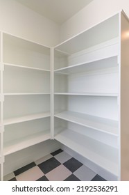 Vertical Kitchen Pantry Interior With Built In Shelves Cabinet. Pantry With Chess Board Tile Flooring Design And Wallpaper On The Right With Floating Shelves.