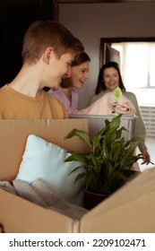 Vertical Laughing, Curious, Helpful Students Teenagers Holding Cardboard Boxes With Plants, Linen Stuff And Clothes, Stand Near Entrance Door. New Apartment For College Friends. Moving In New College