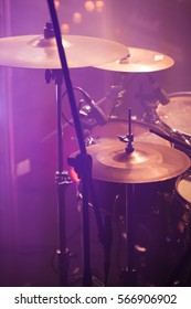 Vertical Live Music Photo Background, Rock Drum Set  With Cymbals. Closeup Photo, Soft Selective Focus