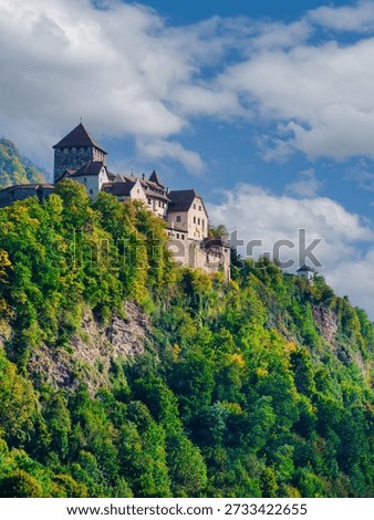 Vertical low angle view of the medieval Vaduz Castle standing on a steep rocky cliff surrounded by dense green forest under a blue sky with clouds in Liechtenstein.