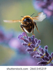 A vertical macro of a bee flying over a lavender