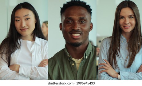 Vertical Multiscreen On Happy Multiethnic Male And Female Employees At Work. Close Up Portrait Of Workers Smiling At Office. Multiscreen Footage. Split Screen Variation.