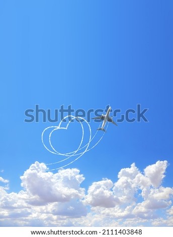 Vertical nature background with aircraft draw a heart in the sky. Flight route of aircraft in shape of a heart. Love concept for traveling the world
