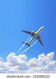Vertical nature background and aircraft   Jet trailing smoke in the sky  Airplane   condensation trail  Foggy trail jet   plane in blue sky and white clouds  Traveling the world concept