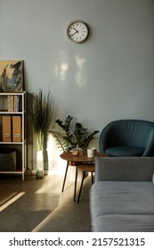 Vertical No People Shot Of Office Interior With Comfortable Couch, Armchair, Bookshelves, Houseplants And Clock On Wall In Daylight