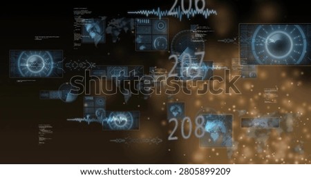 Vertical numeric column incrementing on data update, drawing particles while blue panels sliding. Hud, telemetry, dashboard, visualization, waveform, map, neon