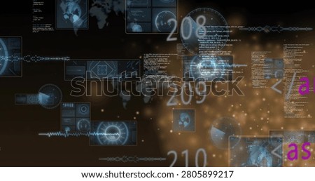 Vertical numeric column incrementing on data update, drawing particles while blue panels sliding. Hud, telemetry, dashboard, visualization, waveform, map, neon