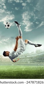 Vertical orientation. Soccer player performs spectacular overhead kick in stadium against background with stages full of fans. Concept of sports games, competition, championship, tournament. Ad
