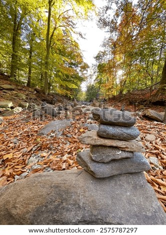 Vertical orientation, a stack of rocks on top of a large boulder in the woods, in autumn, surrounded by brown, fallen leaves and trees.