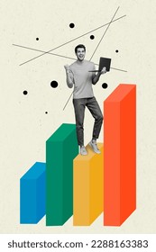 Vertical painted collage of young data analytics google worker fist up celebrate his company progress budget isolated on grey background
