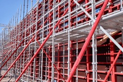 Vertical Panel Formwork, Push-pull Jacks And Scaffoldings Of Reinforced Concrete Walls Under Construction. Structures For Cast In Place Reinforced Concrete