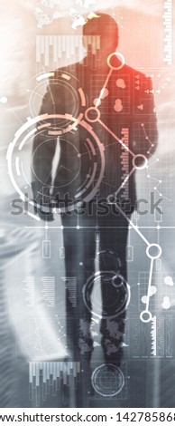 Vertical Panorama Banner. Business interface mixed media double exposure financial chart graph diagram and icon on virtual screen. Innovation concept