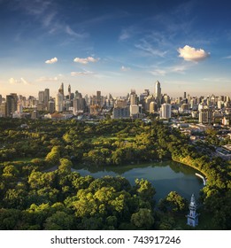 Vertical Panorama Of Lumpini Park And Bangkok City Building View From Roof Top Bar On Hotel, Bangkok, Thailand