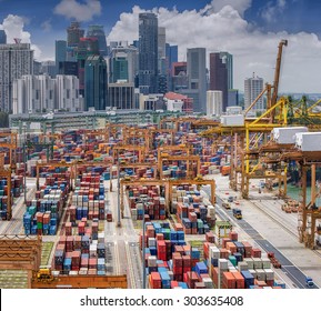 Vertical Panoramic Top View On Singapore Harbor With Singapore City Background