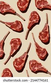 Vertical Pattern Of Raw Fresh Meat Tomahawk Steak On Beige Background Flatlay Food