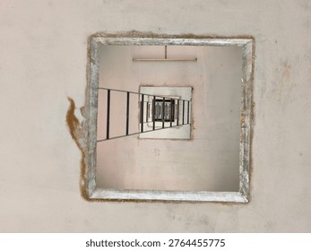 A vertical perspective looking up through a square building void, showing repetitive architectural levels and a metal ladder