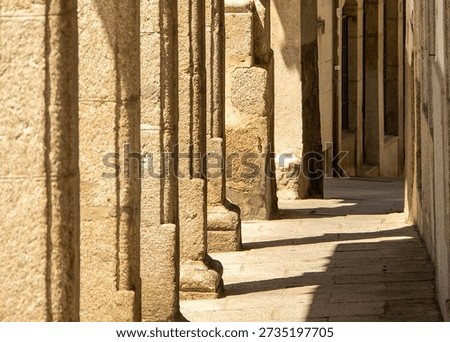 A vertical perspective shot of a stone arcade or portico in the historic district of Bejar, Castille and Leon, Spain