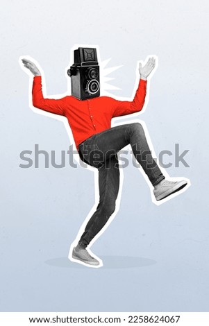 Vertical photo artwork collage of young headless funny guy cameraman dancing enjoy photo snapshot filming isolated on painted grey background