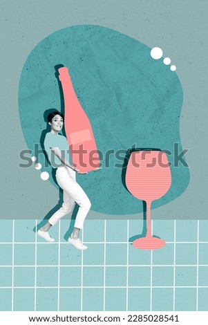 Vertical photo artwork graphics collage of good mood cautious girl sneaks on tiptoe carries bottle of wine isolated drawing background