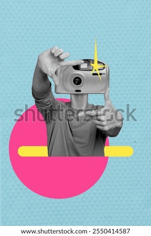 Vertical photo collage of anonym man instead head retro instant camera flash cadre hands focus gesture frame isolated on painted background