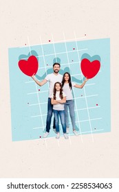 Vertical photo collage artwork of young idyllic parenthood family hold red paper love shapes with daughter isolated over plaid blue background