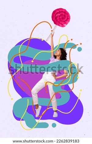 Vertical photo collage artwork of young careless funny girl hold big lollipop enjoy dessert candy sweet sugar isolated on painted background