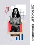 Vertical photo collage of astonished girl freelancer peek computer monitor hold pen notepad idea finding isolated on painted background