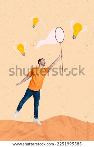 Vertical photo collage of business man startup owner jumping hold butterfly net catch idea flying wings lamps ideas isolated on beige background