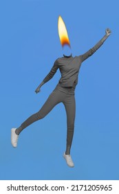 Vertical Photo Collage Of Flying Woman With Burning Head Becoming Fenix Bird Eccentric Unusual Theme Party Look