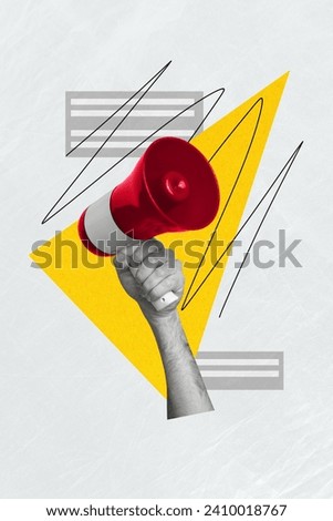 Vertical photo collage of hand holding loud speaker megaphone proclaim announce important information drawing on paper texture background