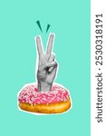 Vertical photo collage of hand peek two fingers peace gesture donut sweet bakery calories unhealthy junk food isolated on painted background